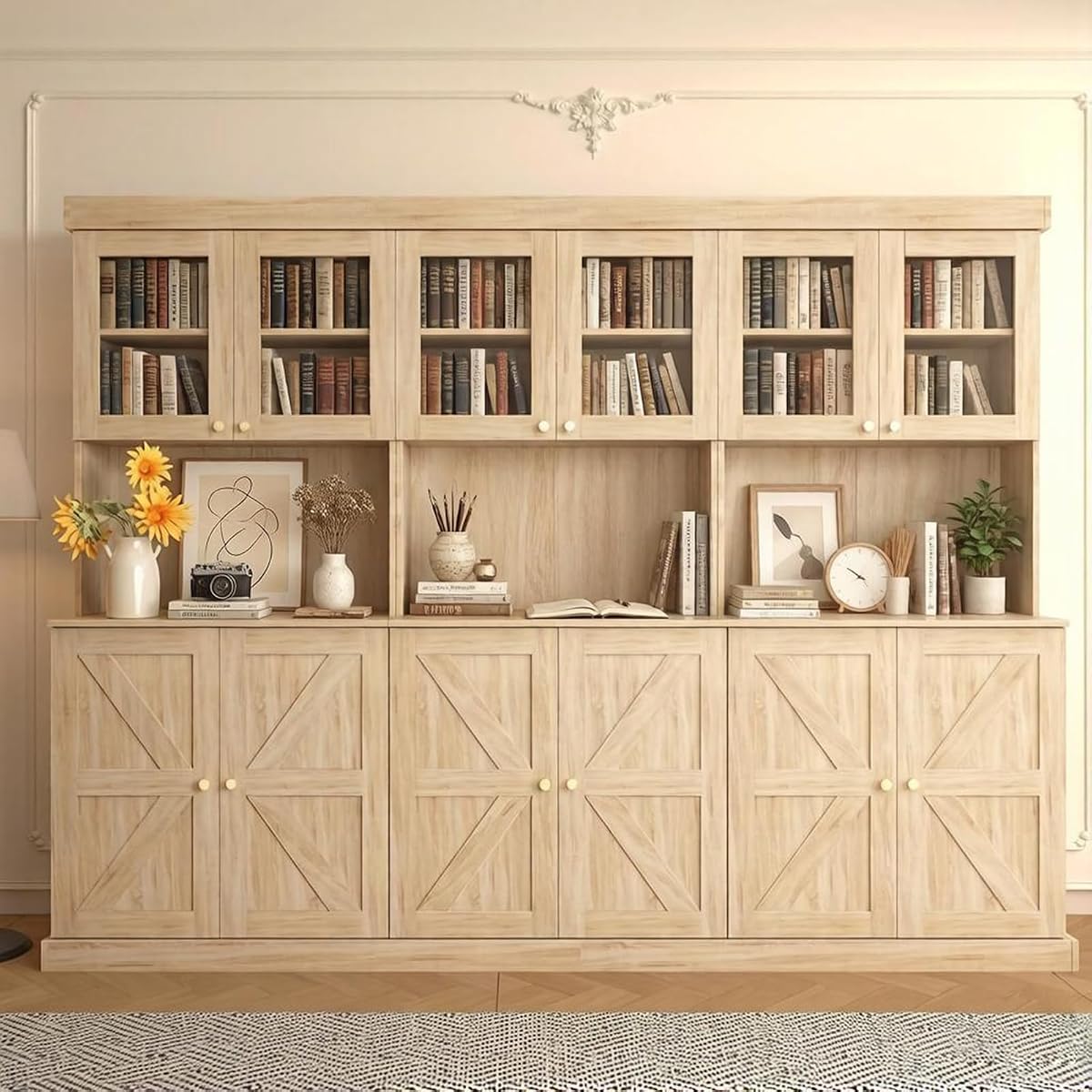 71" Tall Modular Farmhouse Bookcase Set of 3, Brown Storage Cabinets with Glass Doors, Expandable Combination Bookshelves for Home Office and Study Room