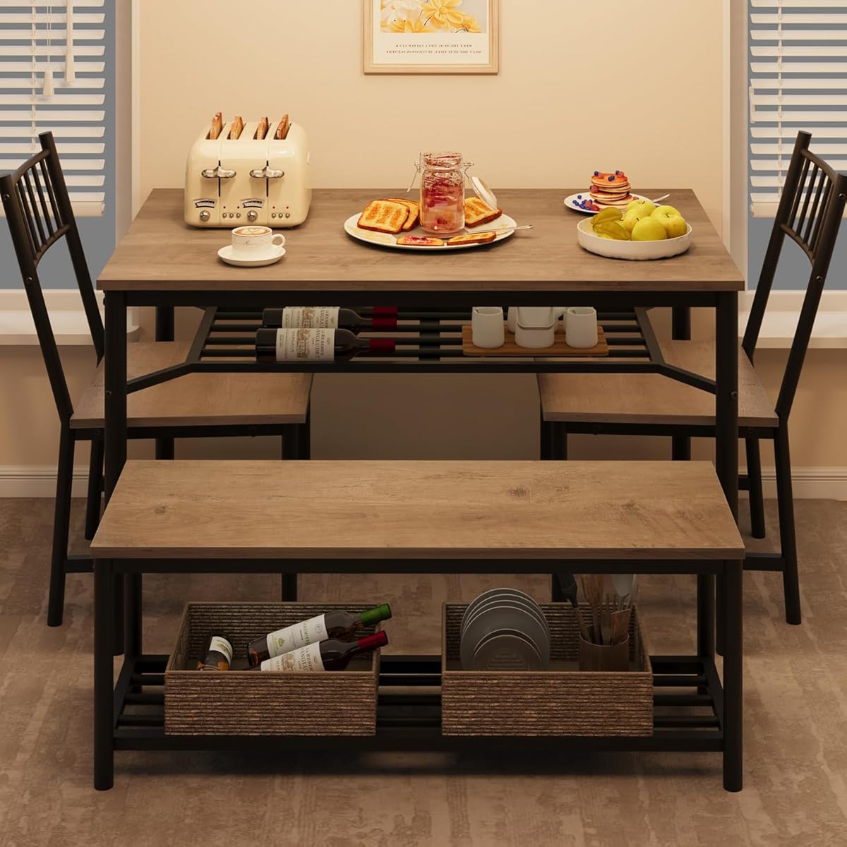 Dining Table Set for 4, Kitchen Table and Chairs for 4 with Wine Rack, Room Dining Table Set with Storage Benches, Rectangular Kitchen Table Set for Small Space, Apartment, Retro Gray