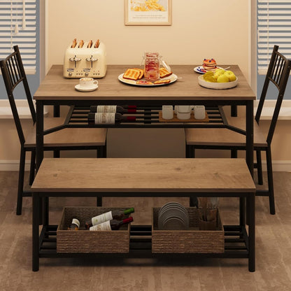 Dining Table Set for 4, Kitchen Table and Chairs for 4 with Wine Rack, Room Dining Table Set with Storage Benches, Rectangular Kitchen Table Set for Small Space, Apartment, Retro Gray