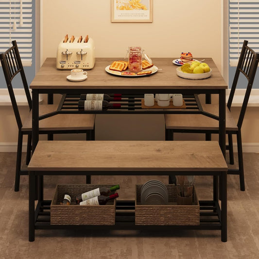 Dining Table Set for 4, Kitchen Table and Chairs for 4 with Wine Rack, Room Dining Table Set with Storage Benches, Rectangular Kitchen Table Set for Small Space, Apartment, Retro Gray