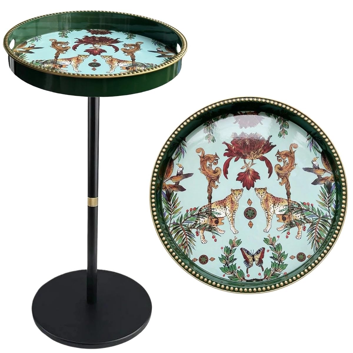 Boho Single Leg Round Side Table with Tray Top, Pedestal Drink Table for Small Spaces, Aesthetic Accent Nightstand for Living Room, Bedroom, Corners, and Office (Green Leopard)