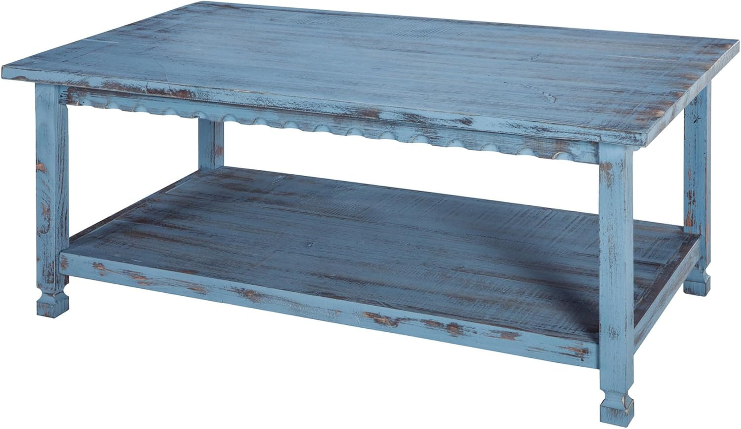 Rustic Rectangular Coffee Table, 42 In. W X 24 In. D X 18 In. H, Living Room Blue Antique, W/ (1) 36 In. W X 18 In. D X 10 In. H Shelf, Farmhouse/Cottage Style, Select Hardwood/Construction