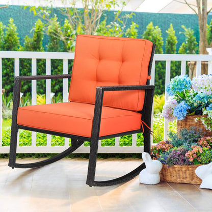 Wicker Rocking Chair, Outdoor Rattan Rocker Chair with Heavy-Duty Steel Frame, Patio Furniture Seat with 5” Thick Cushion for Garden, Porch, Backyard, Poolside (1, Orange)