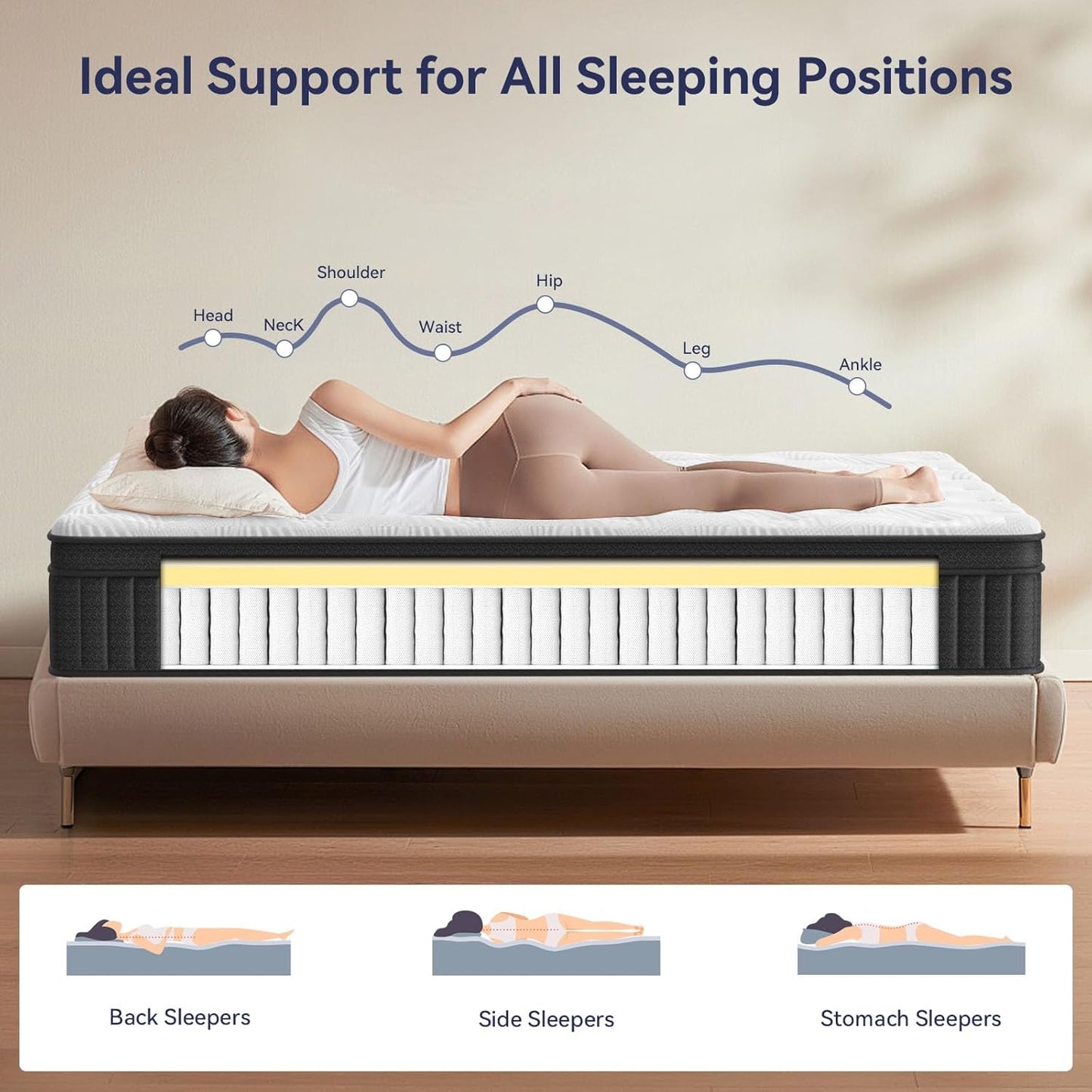 Queen Mattress 12 Inch, Hybrid Mattress in a Box, Individually Pocket Springs, Medium Firm Feel for Pressure Relief, Breathable Comfort, Certipur-Us Certified, Gray&White