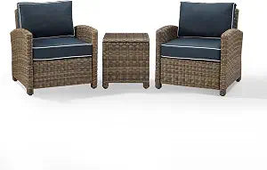 Weathered brown 3-piece wicker patio set with navy cushions, view 2