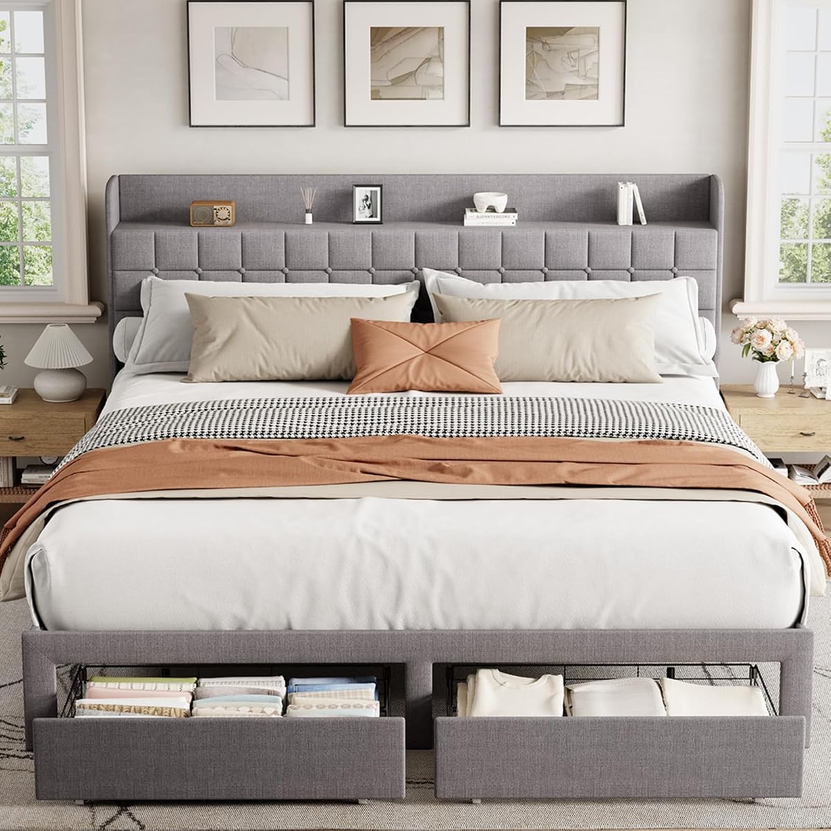 King Bed Frame, Upholstered Platform Bed Frame with Storage Drawers