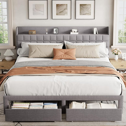 King Bed Frame, Upholstered Platform Bed Frame with Storage Drawers