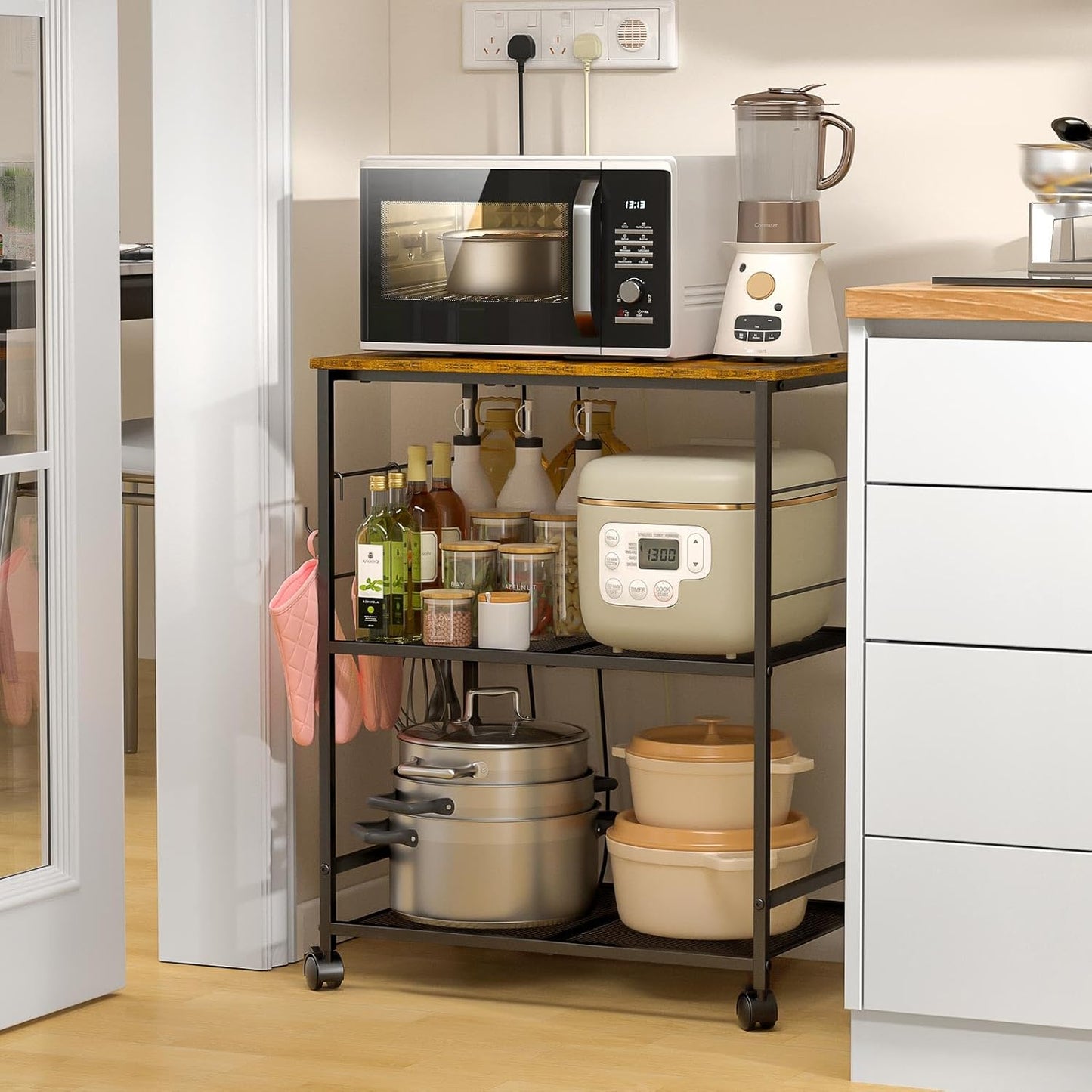 Rolling Kitchen Microwave Cart, 3 Tier Microwave Table Stand with Storage, Kitchen Utility Cart on Lockable Wheels, Small Coffee Cart Shelf Rack Organizer for Living Room Office, Balcony