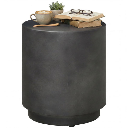 Dark gray round outdoor side table with concrete finish
