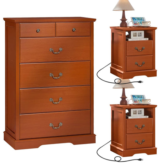 Farmhouse Dresser and Nightstand Sets 3 Piece, Wood 47" Tall 6 Chest of Drawers & Rustic 18" Night Stand Set of 2 with Charging Station, Furniture Dressers Set for Bedroom, Home Living Room