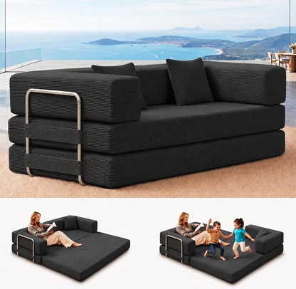 Folding Sofa Bed Convertable Corduroy Couch King Size Floor Sleeper 4-in-1 DIY Combination Modular Sofa Fold Out Futon Lounge Comfy Foldable Lazy cama for Living Room (Black, 80.3 inch Sofa)