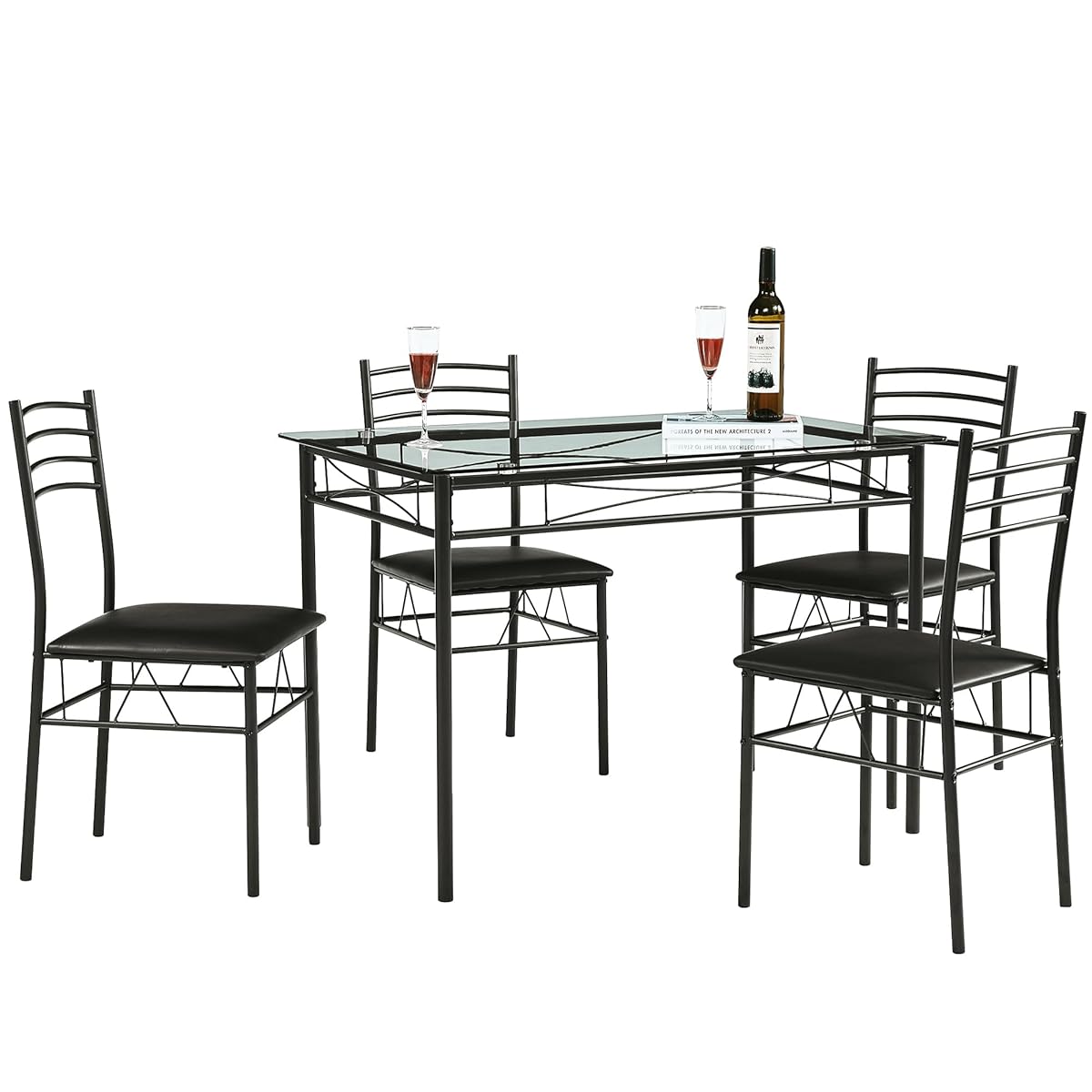 Kitchen Dining Table and Chairs Set for 4, Padded Seat & Glasses Tabletop, Space Saving, Matte Black