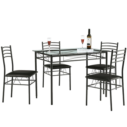 Kitchen Dining Table and Chairs Set for 4, Padded Seat & Glasses Tabletop, Space Saving, Matte Black