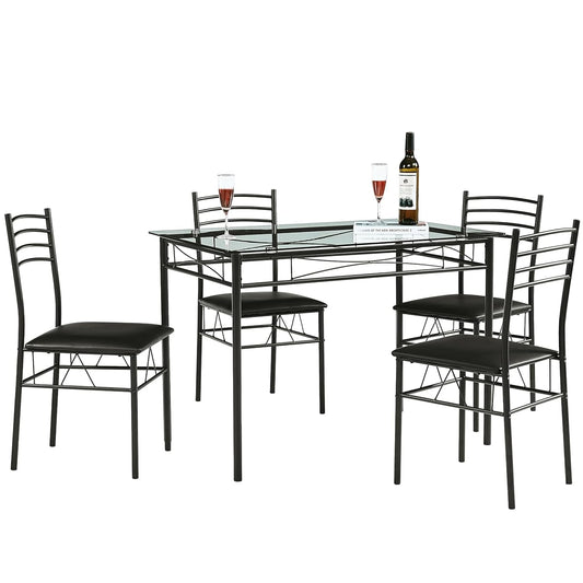 Kitchen Dining Table and Chairs Set for 4, Padded Seat & Glasses Tabletop, Space Saving, Matte Black