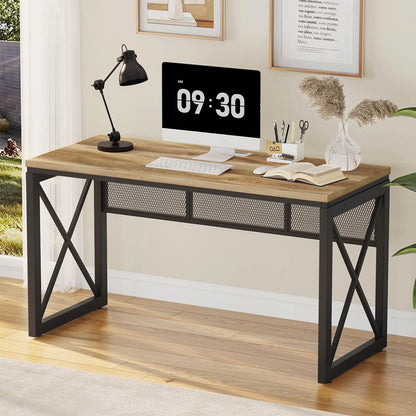 54 Inch Farmhouse Computer Desk, Industrial Home Office Desk with Metal Frame