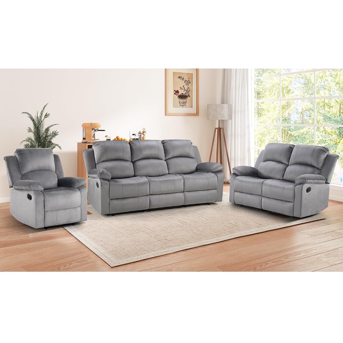 Manual Recliner Sofa Set, Microfiber Reclining Couch Furniture Set for Living Room, Includes 1 Recliner Chair, 1 Loveseat Sofa and 1 3-Seater Reclining Couch, Grey