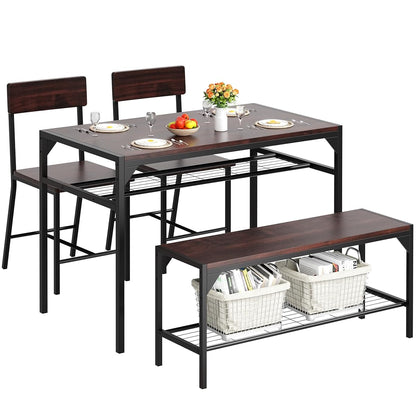Kitchen Table Chairs Set of 4, Dining Table Set for 4 with Bench and Chairs, 4 Pieces Kitchen Table Set with Storage Rack & Metal Frame for Small Space, Dark Walnut