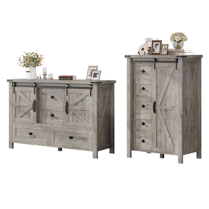 2PCS Farmhouse Dresser Set with Sliding Barn Doors, Bedroom Sets Include 47'' Dresser with 4 Drawers, 5-Drawer Tall Dresser, Light Rustic Oak