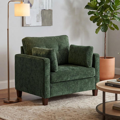 Luxury Oversized Accent Chair, 40.9" Upholstered Comfy Piping Single Armchairs with Comfy Tufted Backrest, Wood Legs, 2 Pillows for Living Room, Bedroom, Chenille, Green