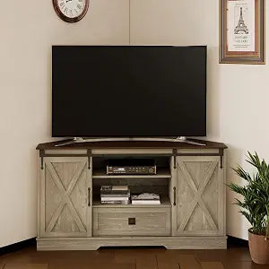 Corner TV Stand, 58" Farmhouse Entertainment Center W/ Barn Door, Wash Grey, view 2