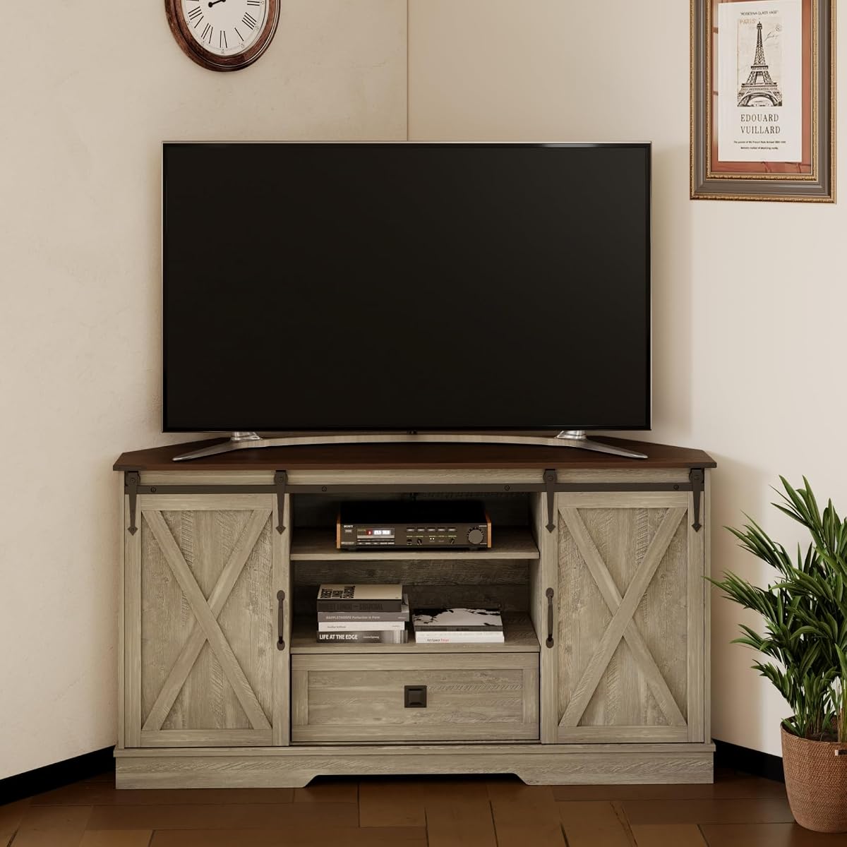 Corner TV Stand, 58" Farmhouse Entertainment Center W/ Barn Door, Wash Grey