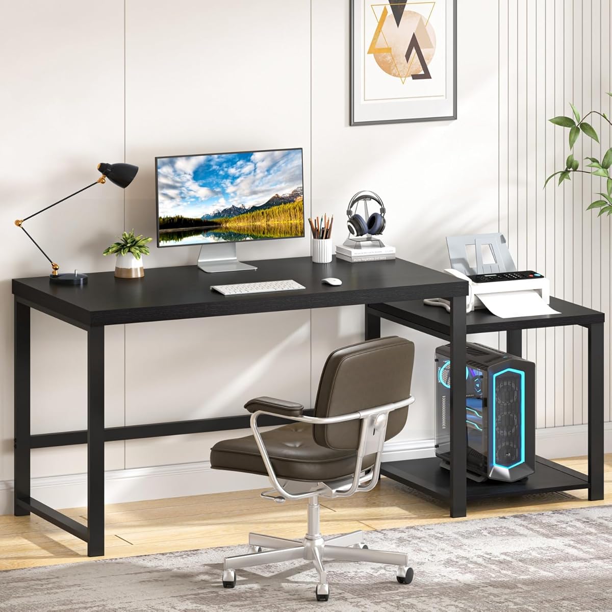 Large Home Office Desk, Black Computer Desk with Storage Shelves, Modern Wood Writing Study Gaming Table for Bedroom Living Room, 63 Inch