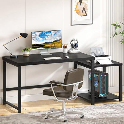 Large Home Office Desk, Black Computer Desk with Storage Shelves, Modern Wood Writing Study Gaming Table for Bedroom Living Room, 63 Inch