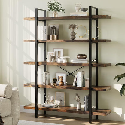 Heavy Duty 5 Tier Industrial Bookcase for Home Office, Rustic Brown