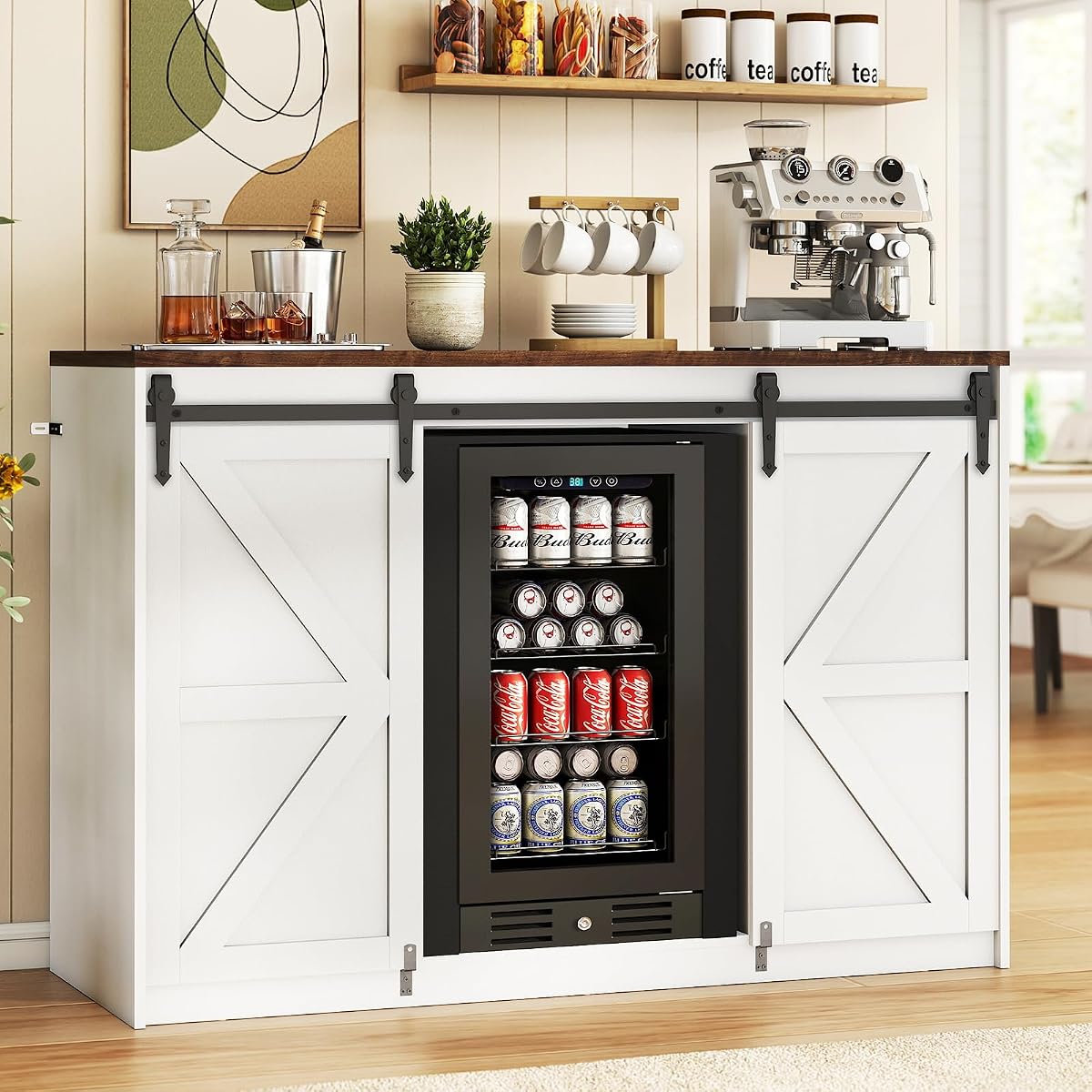Farmhouse Coffee Bar with Mini Fridge Space & Power Outlet, White | Mini Fridge Cabinet, Barn-door Design, Adjustable Shelves, For Kitchen, Dining Room, Living Room