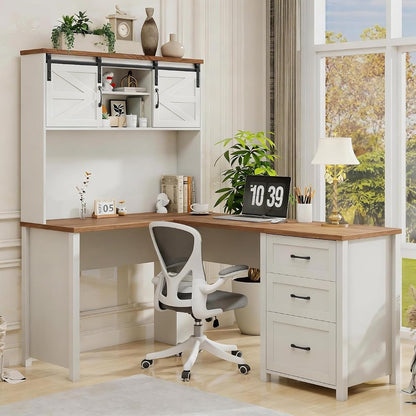 Farmhouse 68" H L-Shaped Desk with Hutch,Unique White