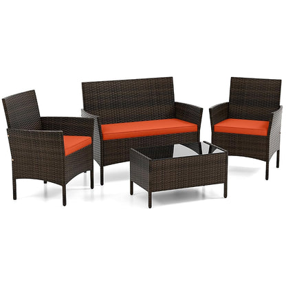 Wicker Patio Furniture Set 4 Piece, Outdoor PE Rattan Table & Chairs Set with Tempered Glass Coffee Table, Loveseat, Cushions, Conversation Set for Balcony, Porch, Backyard, Deck, Orange