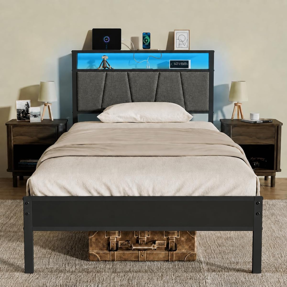 14 Inch Storage Headboard with Charging Station Twin Bed Frame