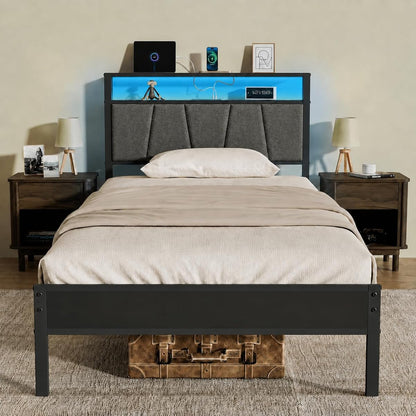 14 Inch Storage Headboard with Charging Station Twin Bed Frame