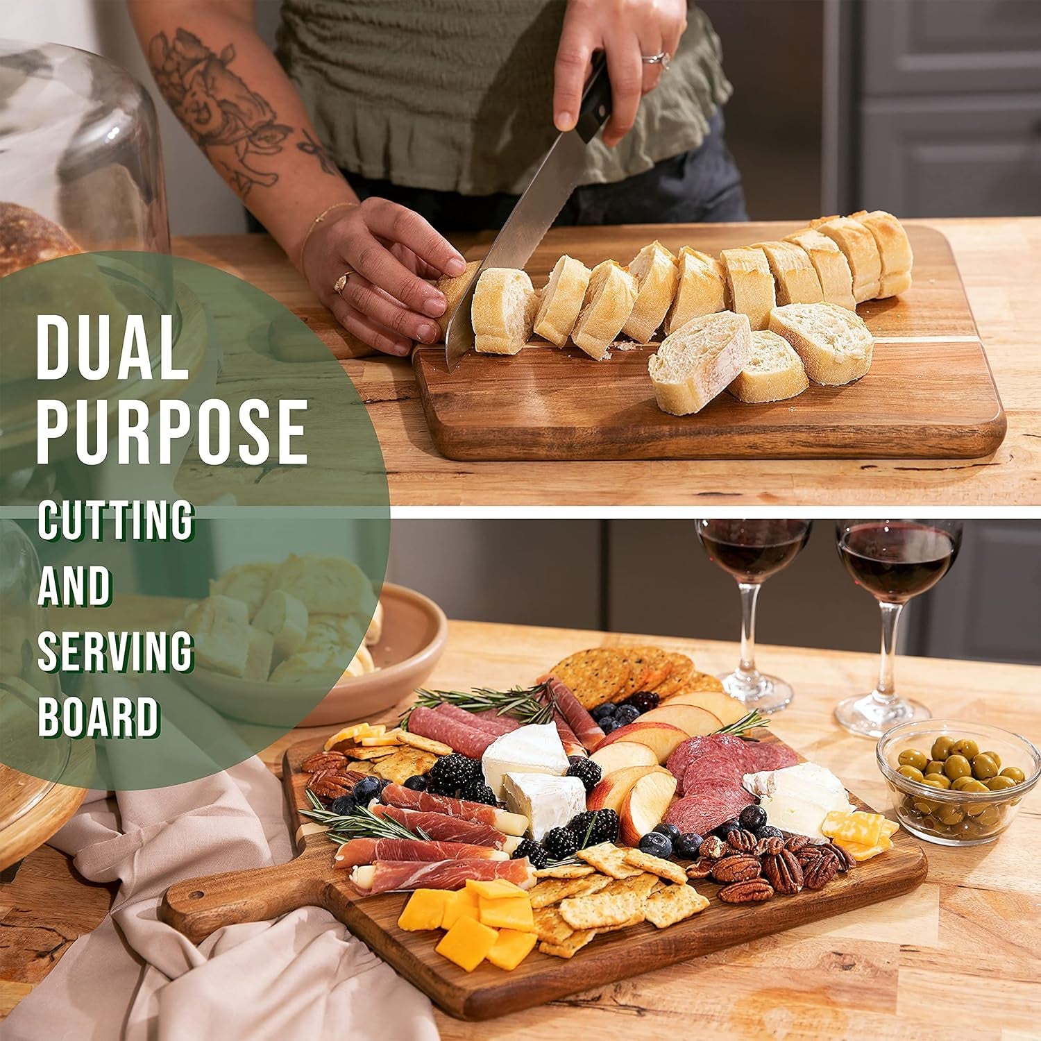 Acacia Wood Cutting Board and Chopping Board with Handle for Meat, Cheese Board, Vegetables, Bread, and Charcuterie - Decorative Wooden Serving Board for Kitchen and Dining Room, Large 17" X 13"