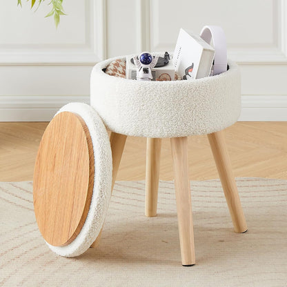 Storage Ottoman Foot Stool Teddy Velvet Round Vanity Stool Tray Top Footstool with Wood Legs Upholstered Foot Rest Ottoman for Living Room, Bathroom, Makeup (White)