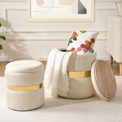 Round Ottoman with Storage Set of 2 Small Ottoman Coffee Table, Foot Stool, Vanity Chair, Removable Lid, for Living Room, Bedroom, Hallway, Assembly Free (White with Middle Gold)