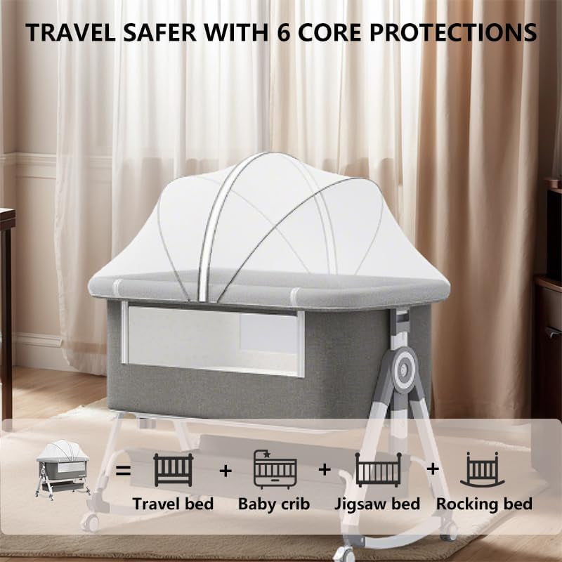 Baby Bassinet,3 in 1 Baby Bassinets Bedside Sleeper with Wheels and Mosquito Net,Bedside Bassinet for Baby with Comfy Mattress, Mattress&Breathable Mesh,Storage Basket