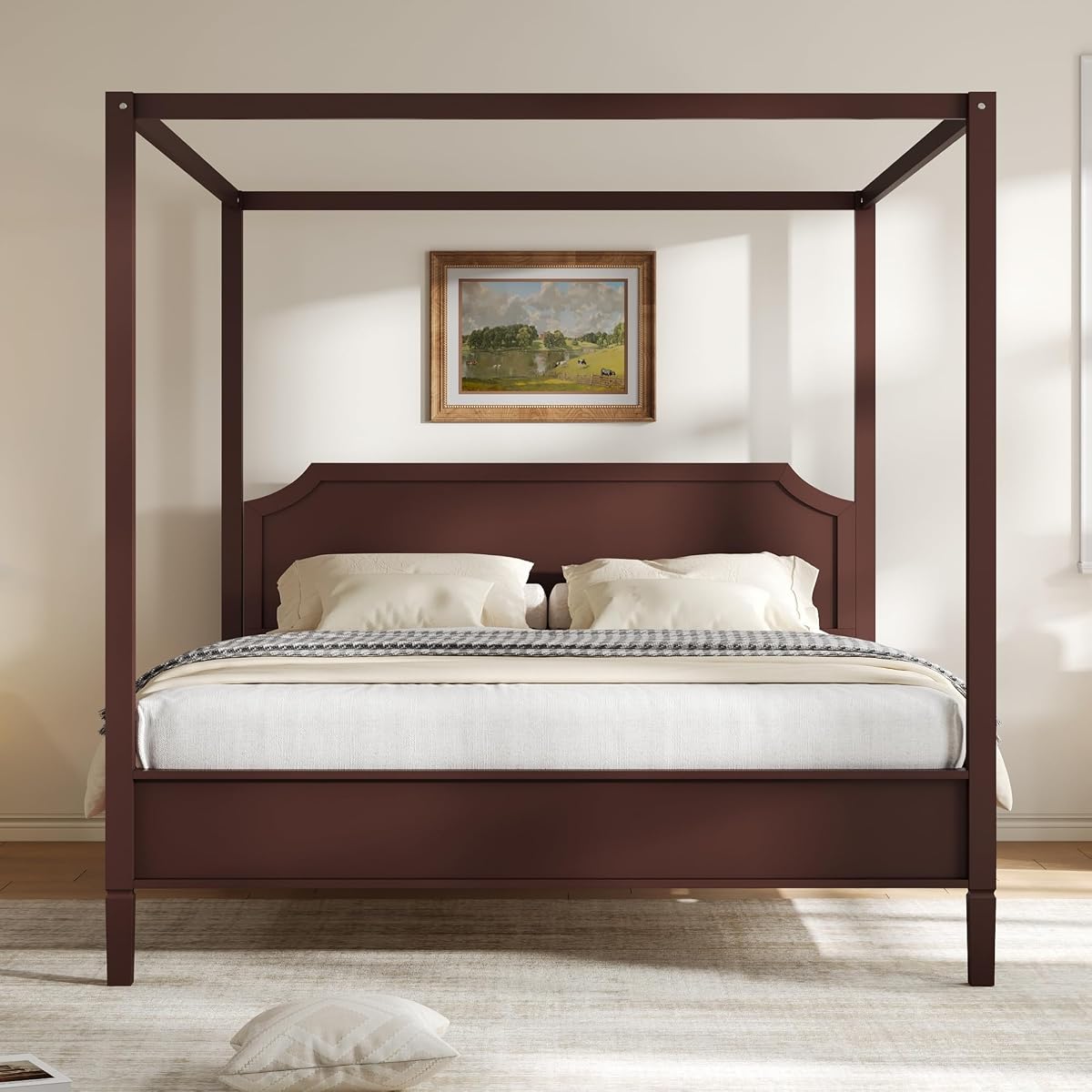 Queen Size Canopy Bed with Headboard and Support Legs, Walnut