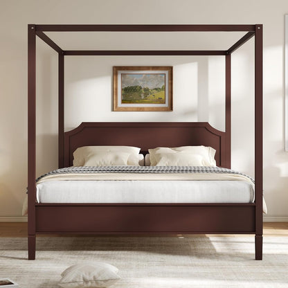 Queen Size Canopy Bed with Headboard and Support Legs, Walnut