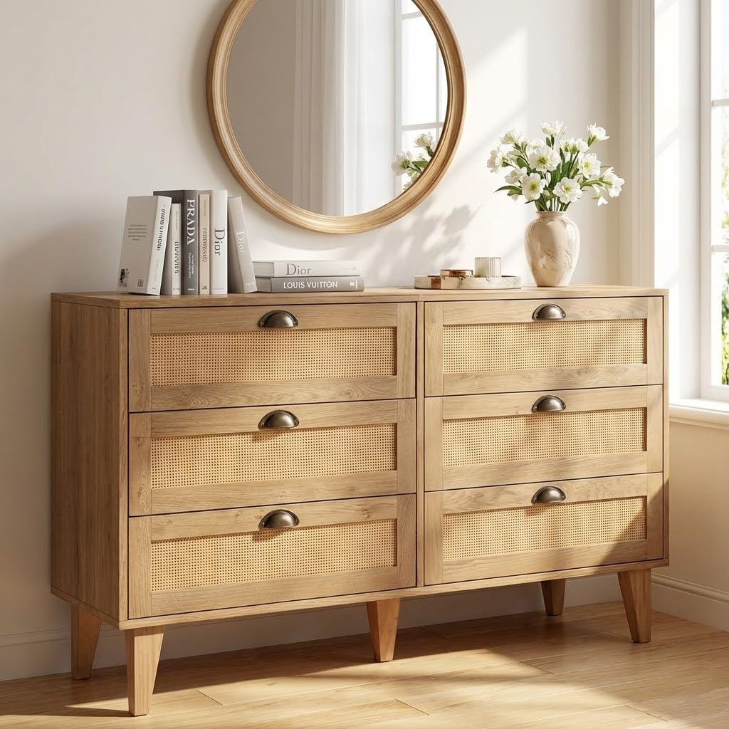 47.2-Inch Rattan Sideboard Buffet Cabinet, 6 Drawers, Natural