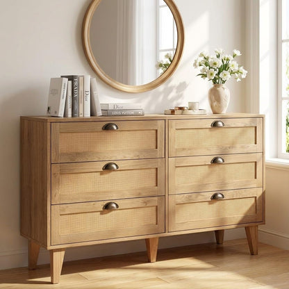 47.2-Inch Rattan Sideboard Buffet Cabinet, 6 Drawers, Natural