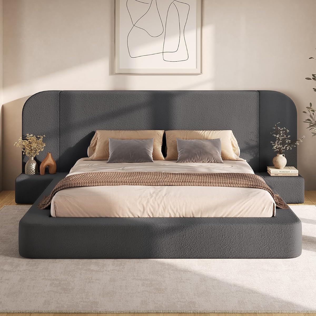 Upholstered Cloud Bed Frame Queen with Wide Headboard，Nightstands, Grey