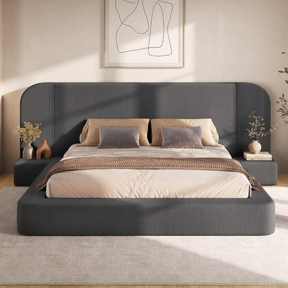 Upholstered Cloud Bed Frame Queen with Wide Headboard，Nightstands, Grey