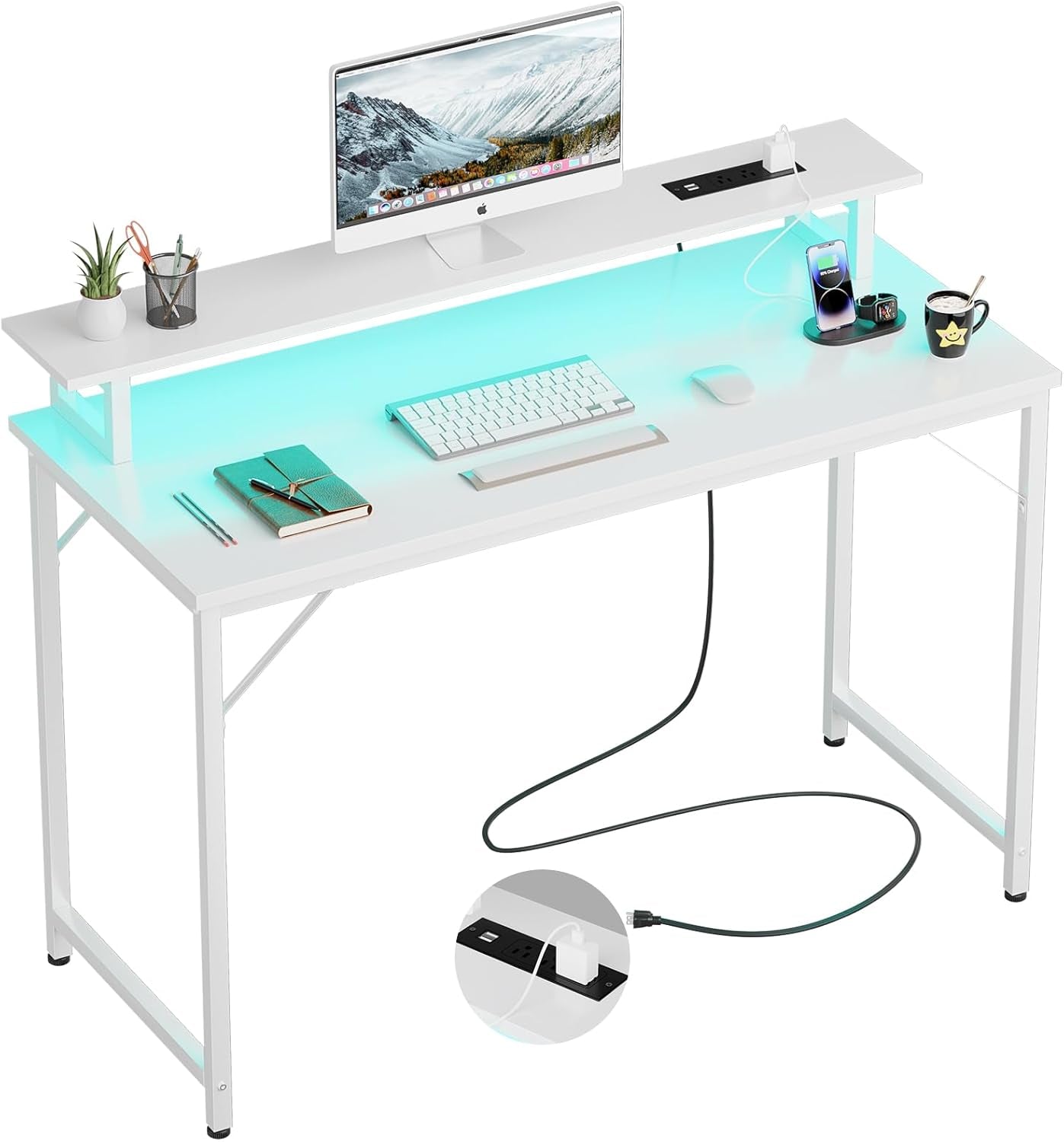 47 Inch Computer Desk with Power Outlets, Gaming Desk with LED Lights, Home Office Work Desk with Monitor Shelf, Modern Office Desk Study Writing Table for Small Spaces, White
