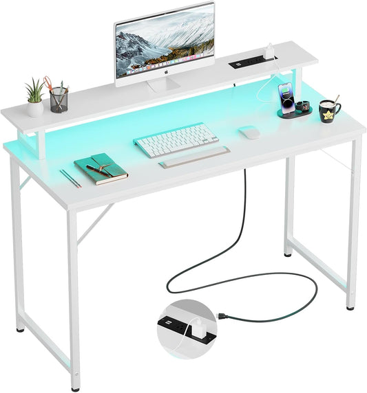47 Inch Computer Desk with Power Outlets, Gaming Desk with LED Lights, Home Office Work Desk with Monitor Shelf, Modern Office Desk Study Writing Table for Small Spaces, White