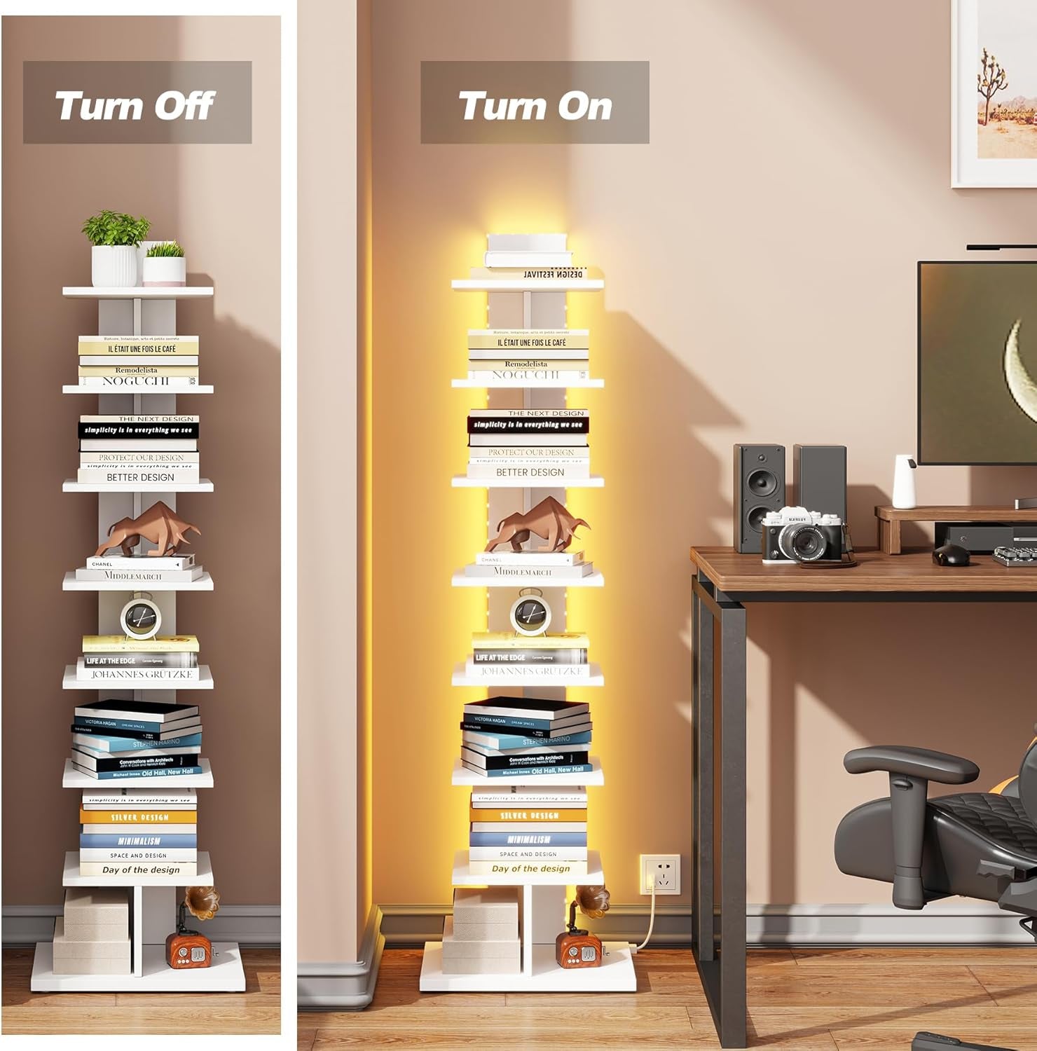 Narrow Bookshelf, 8-Tier Bookcase with LED Lights, Spine Book Shelf for Small Space, Corner Standing Shelf for Living Room, Office, Study, Entryway, White BS06BW008L
