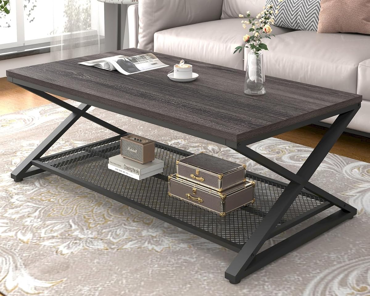 Wood Coffee Table, Center Table with Storage, Dark Gray Oak, 47 Inch | Farmhouse Metal Wood Living Room Table, Industrial 2 Tier Tea Table, Wooden Rectangle Tea Table with Shelf for Office Bedroom