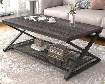 Wood Coffee Table, Center Table with Storage, Dark Gray Oak, 47 Inch | Farmhouse Metal Wood Living Room Table, Industrial 2 Tier Tea Table, Wooden Rectangle Tea Table with Shelf for Office Bedroom