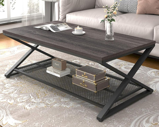 Wood Coffee Table, Center Table with Storage, Dark Gray Oak, 47 Inch | Farmhouse Metal Wood Living Room Table, Industrial 2 Tier Tea Table, Wooden Rectangle Tea Table with Shelf for Office Bedroom