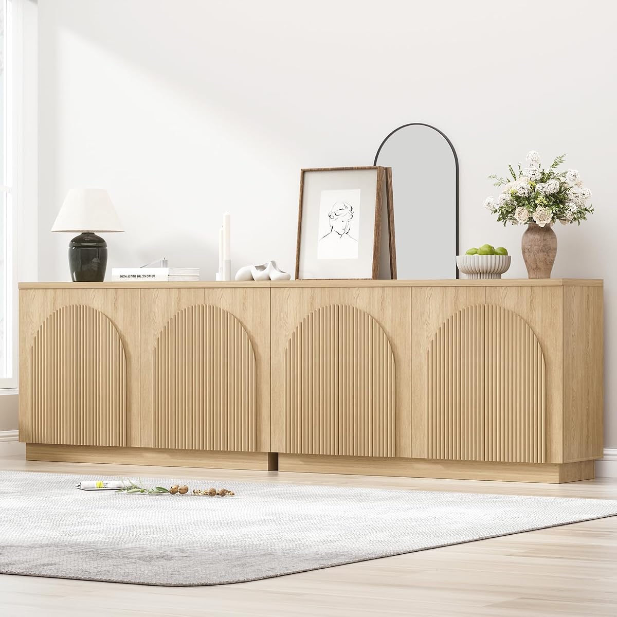 110" Fluted Sideboard Buffet Cabinet with Storage, Credenza, Natural